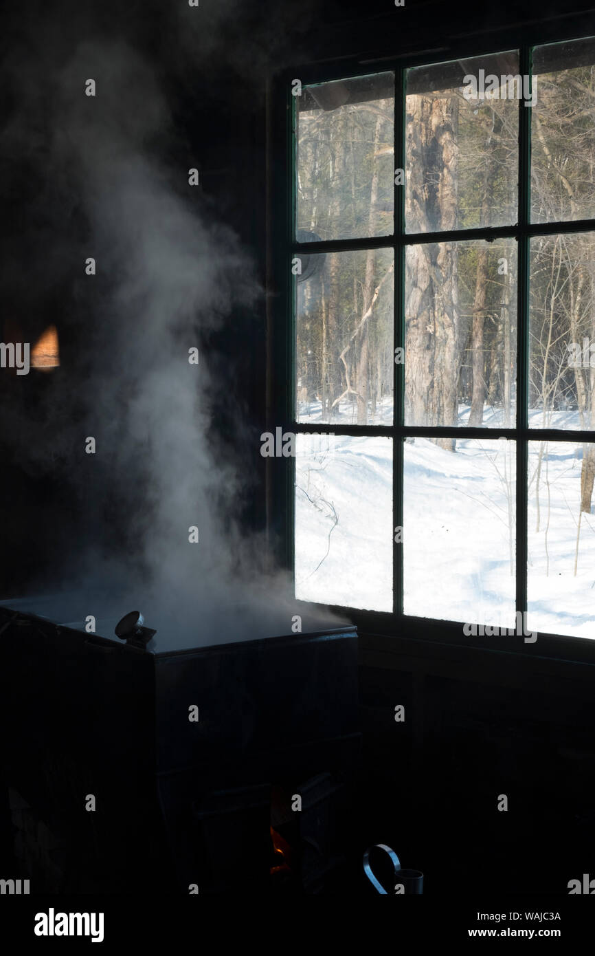 Boiling maple sap to make maple syrup in sugar shack at Morgan Arboretum on Montreal Island, Quebec, Canada Stock Photo