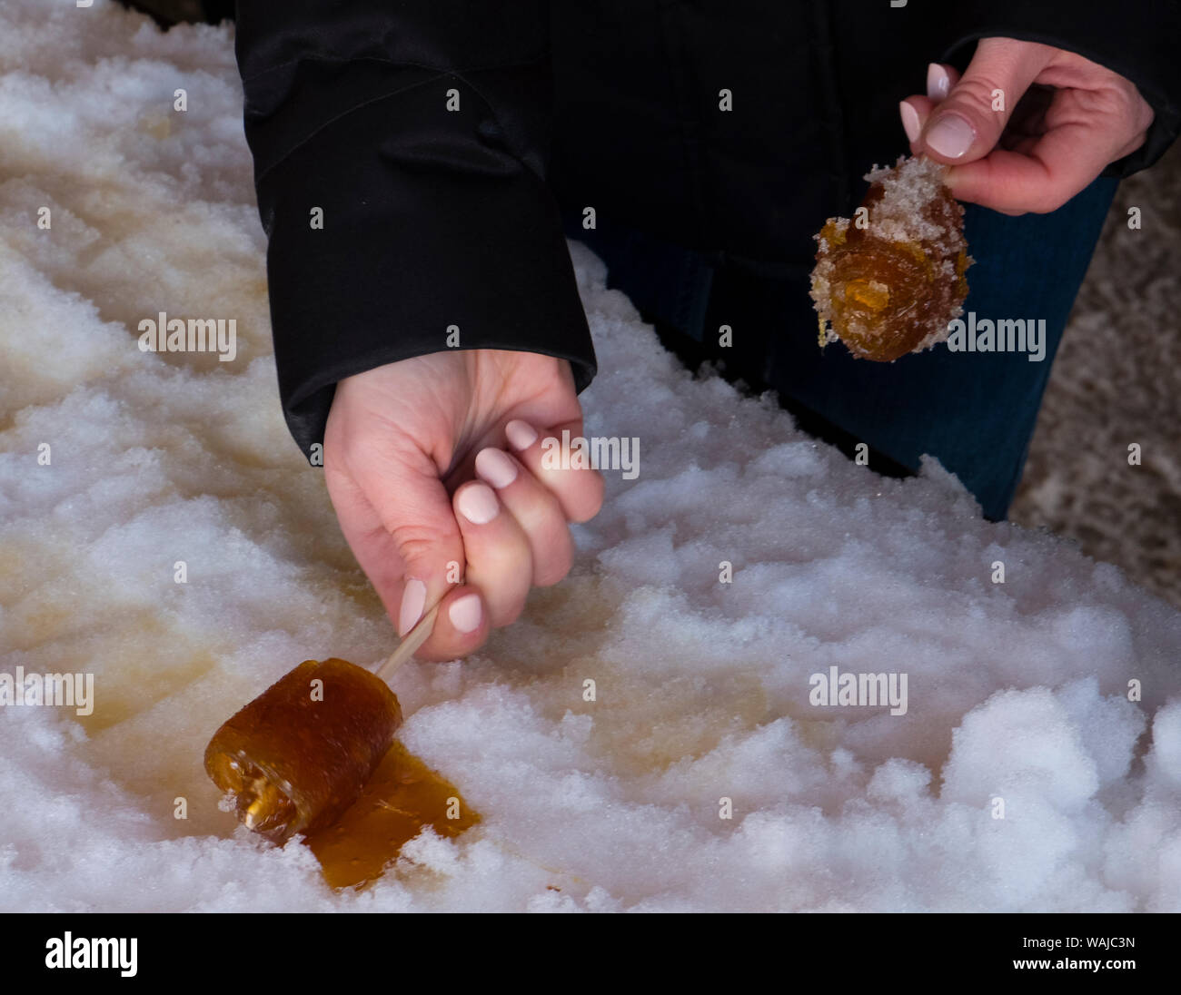 Making maple syrup snow candy at Morgan Arboretum sugar shack in Quebec. Stock Photo