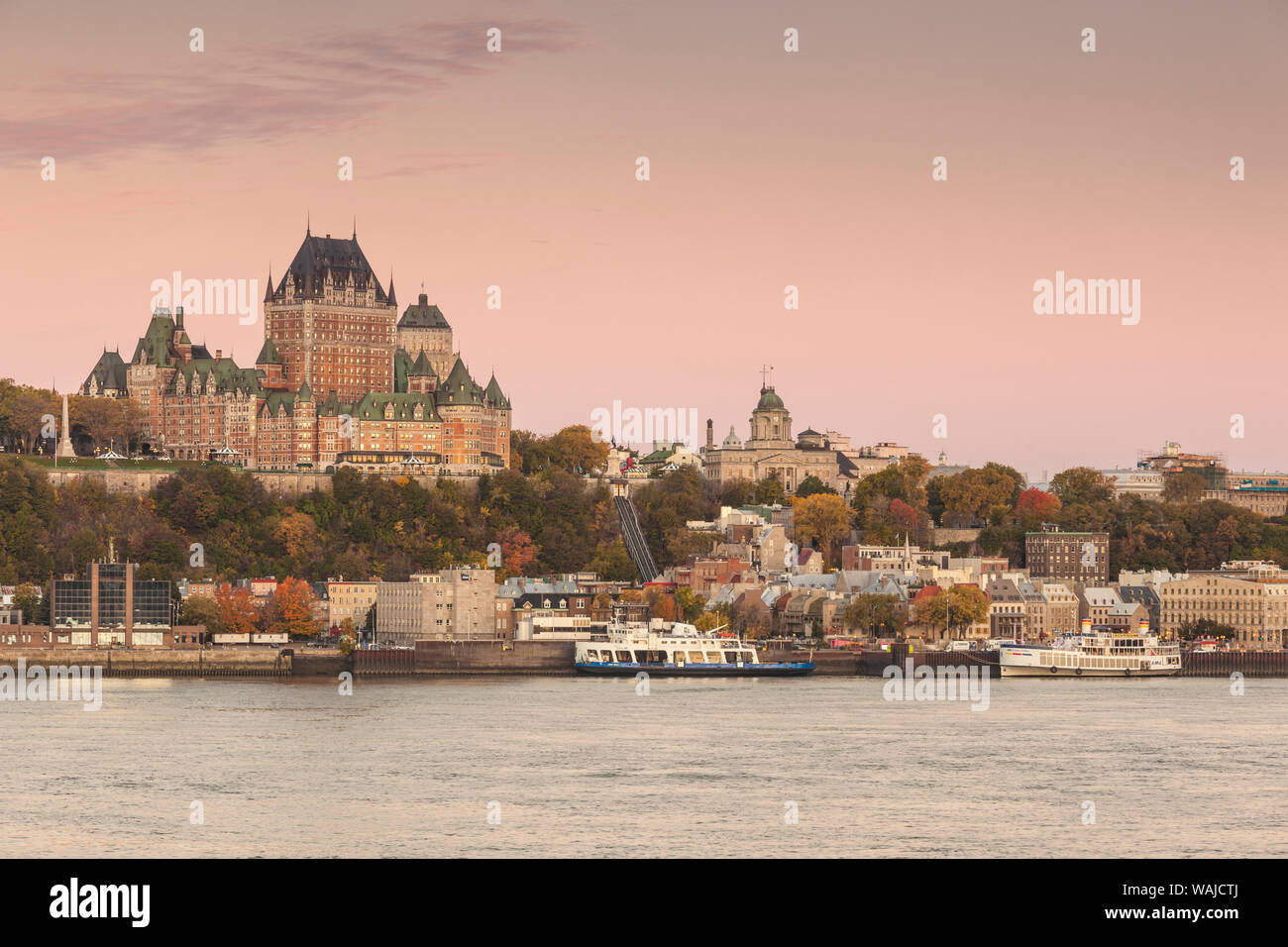Canada, Quebec, Quebec City. Elevated skyline with Chateau Frontenac Hotel from Levis Stock Photo