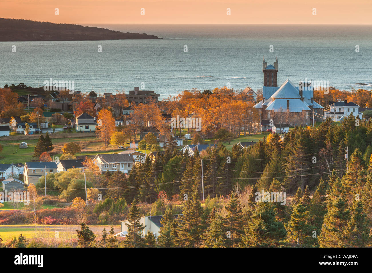 Canada, Quebec, Perce. Elevated view of town from Rt. 132 Stock Photo