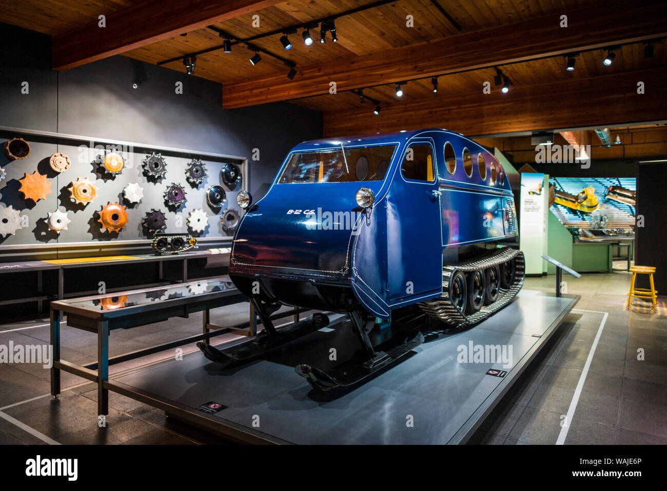 Canada, Quebec, Valcourt. Musee Joseph-Armand Bombardier, museum dedicated to the inventor of the modern snowmobile, early snowmobile prototype Stock Photo