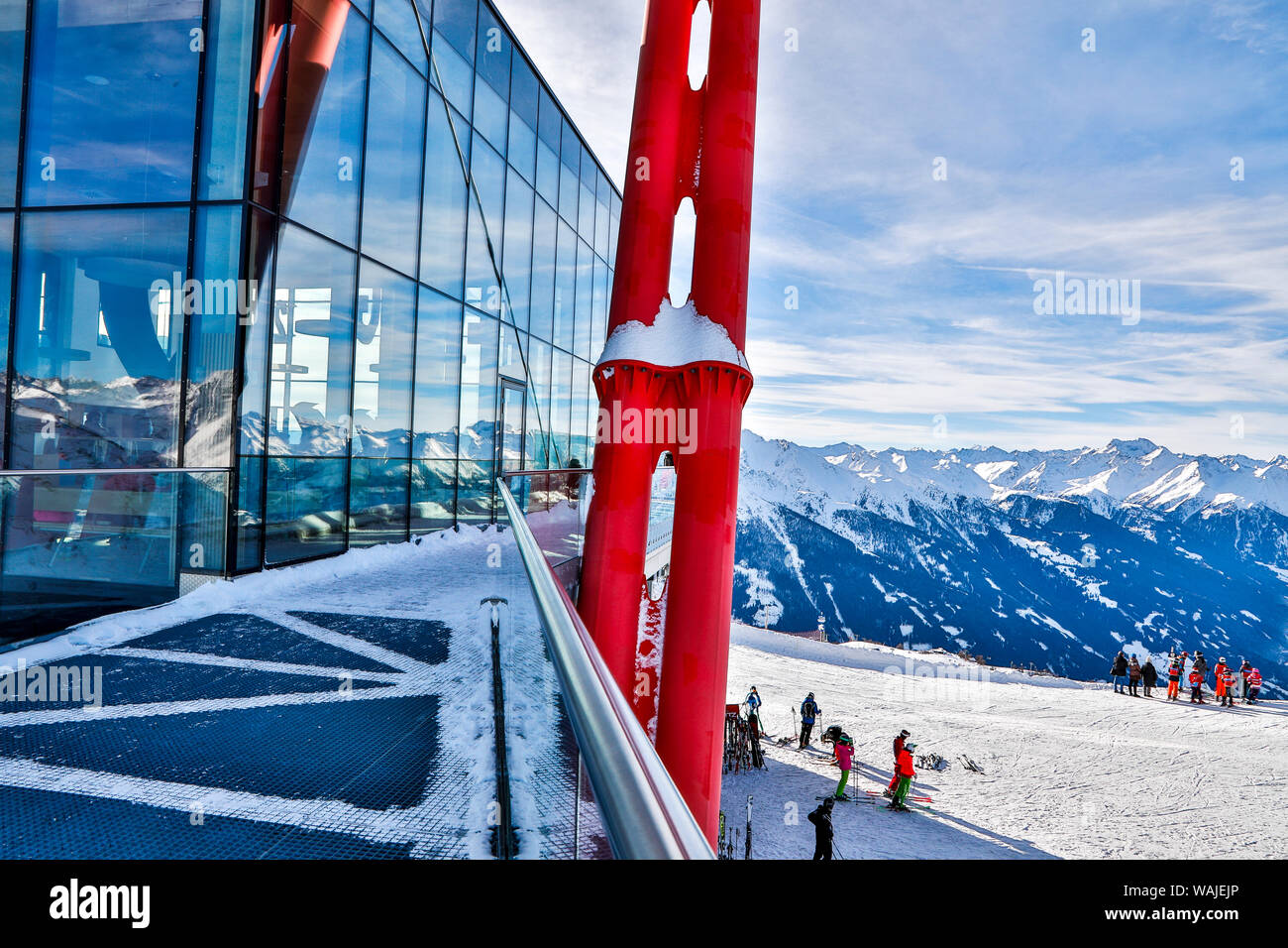 Austria, Kals am Grossglockner. Reflection of the mountains in the windows of the Adler Lounge in Kals, Austria Stock Photo