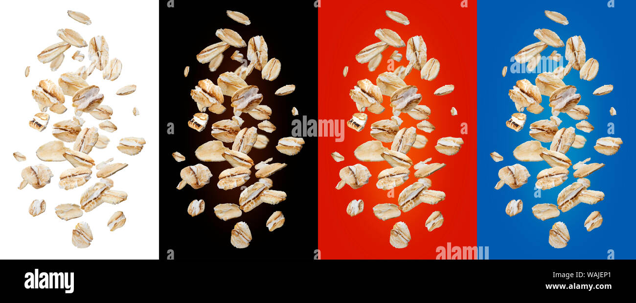 Oat flakes isolated on white and color backgrounds, collection Stock Photo