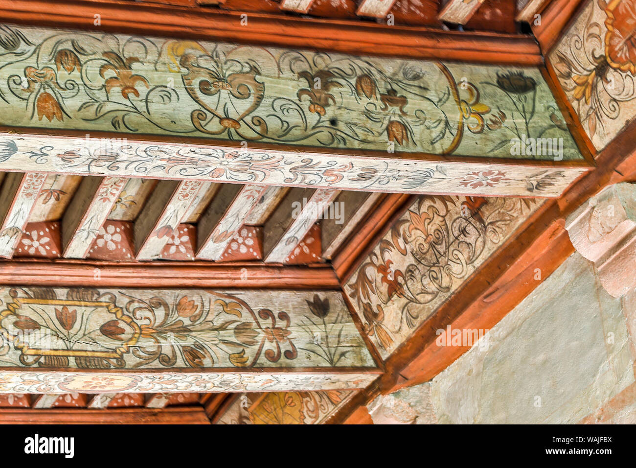 France, Chateau de Cenevieres. Decorated wooden beams. Stock Photo