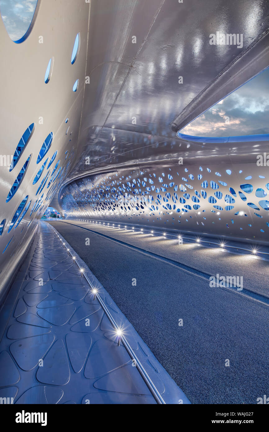 Interior illuminated Park Bridge, a pedestrian and cyclist bridge that