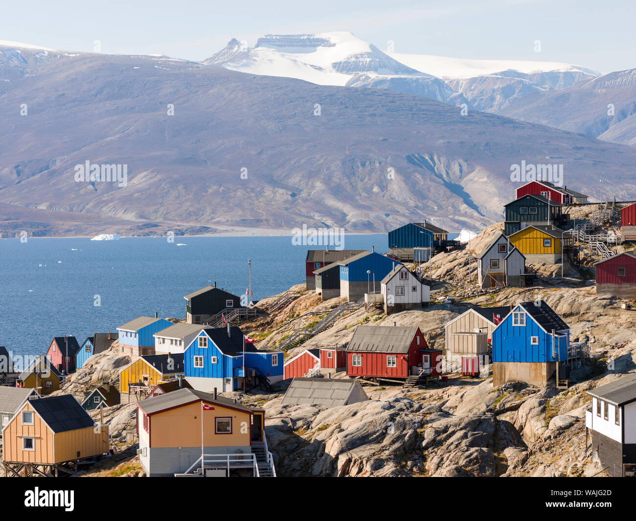 Small town of Uummannaq, northwest Greenland. Background the glaciated Nuussuaq (Nuussuaq) Peninsula. Stock Photo