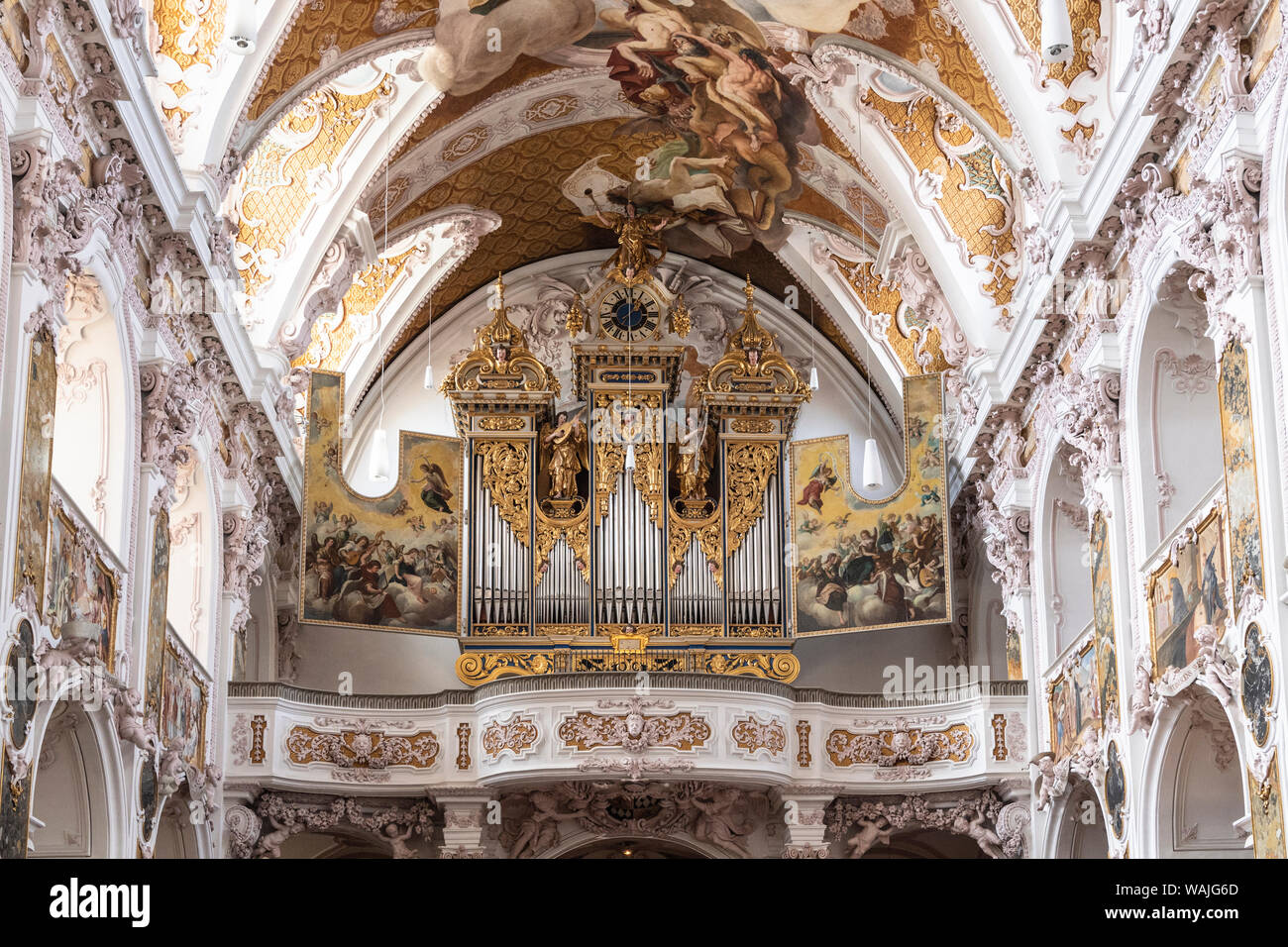 Pipe Organ And Ceiling Of The Fresinger Cathedral In Rococo