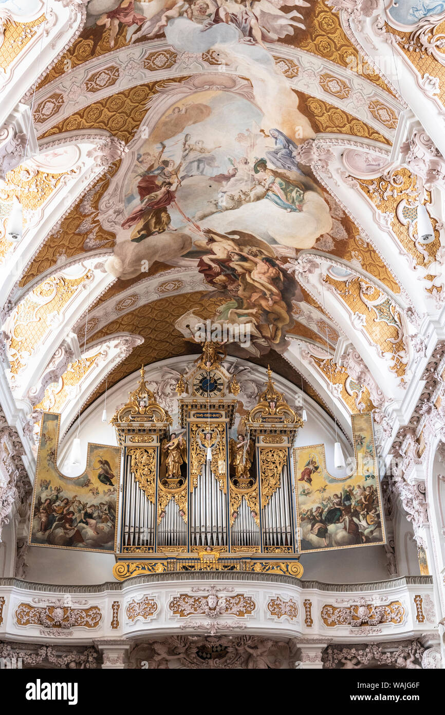 Pipe Organ And Ceiling Of The Fresinger Cathedral In Rococo