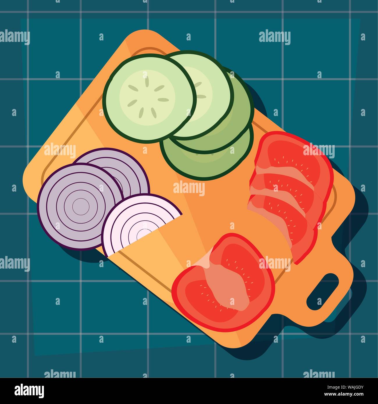 onion tomato cucumber cutting board preparation cooking vector illustration Stock Vector