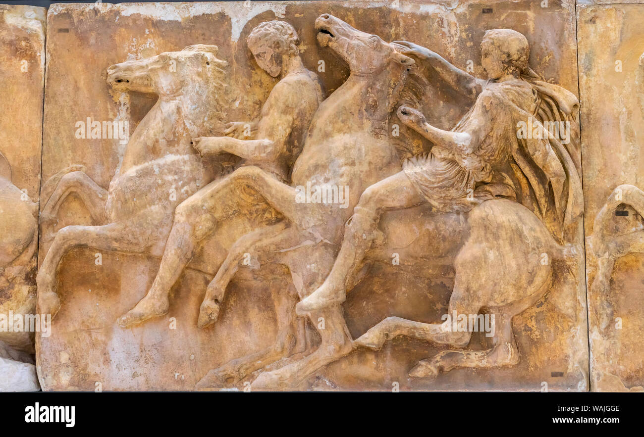 Parthenon Frieze, Acropolis, Athens, Greece. Parthenon (now Acropolis Museum) created in 438 BC. Stock Photo