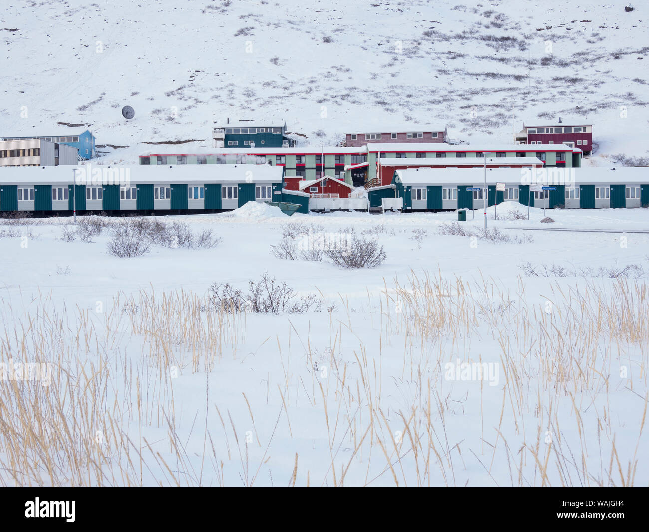 Kangerlussuaq during winter. Kangerlussuaq has the most important hub for airplanes in Greenland, Denmark. Stock Photo