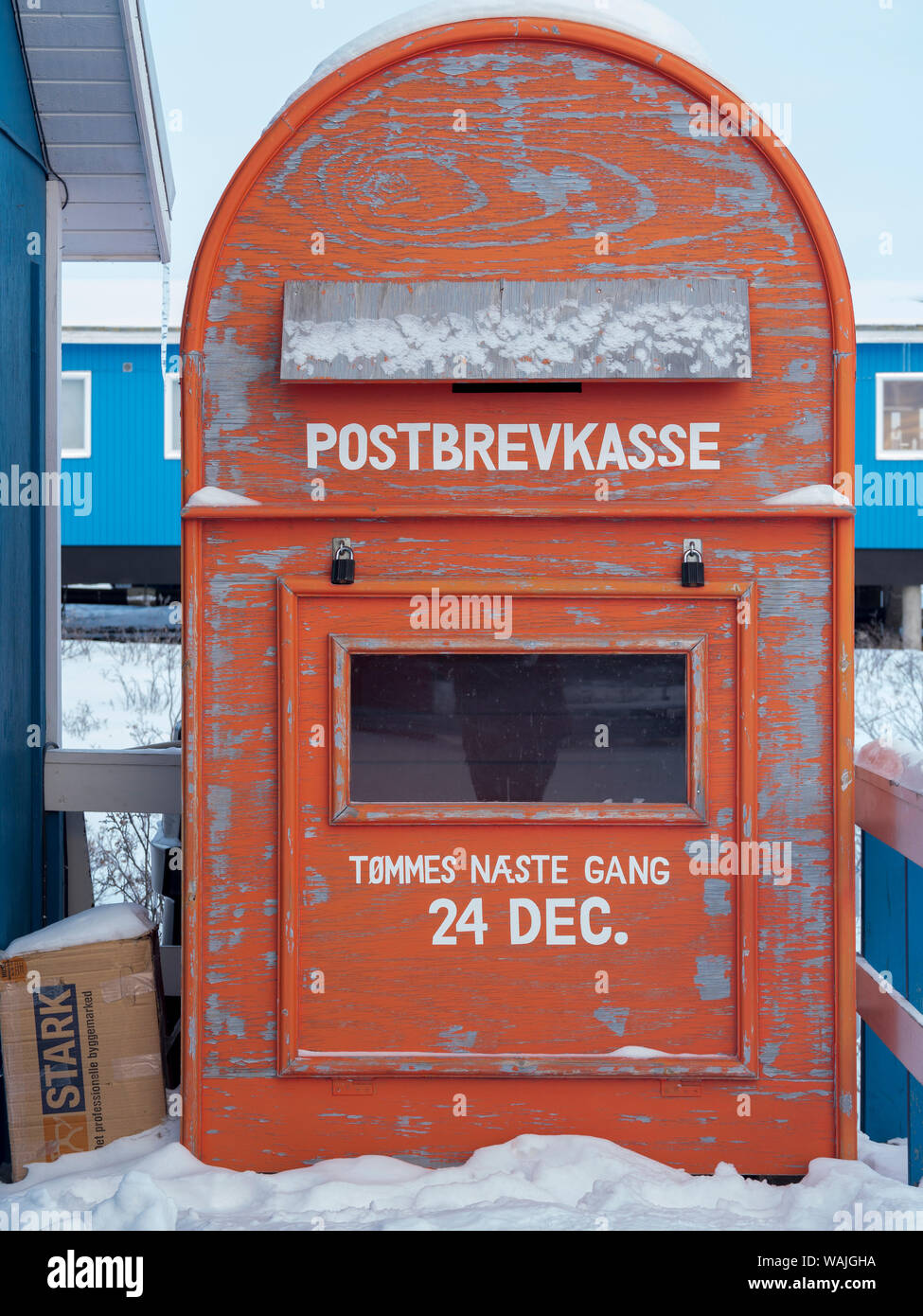 Kangerlussuaq during winter. Kangerlussuaq has the most important hub for airplanes in Greenland. Post box of Santa Claus. Stock Photo
