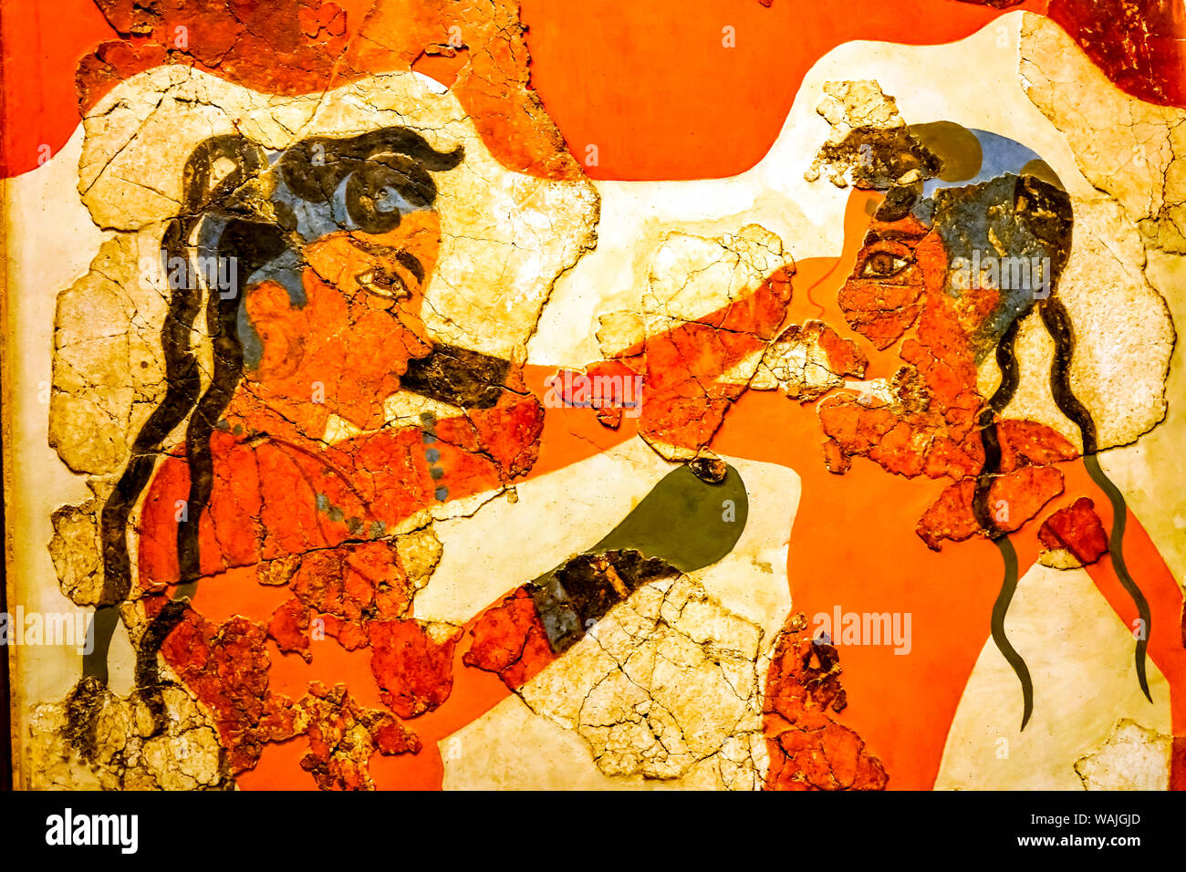 Ancient boxers fresco, National Archaeological Museum, Athens, Greece. From Akrotiri Ruins, Santorini Island, Greece 16th Century BC Stock Photo
