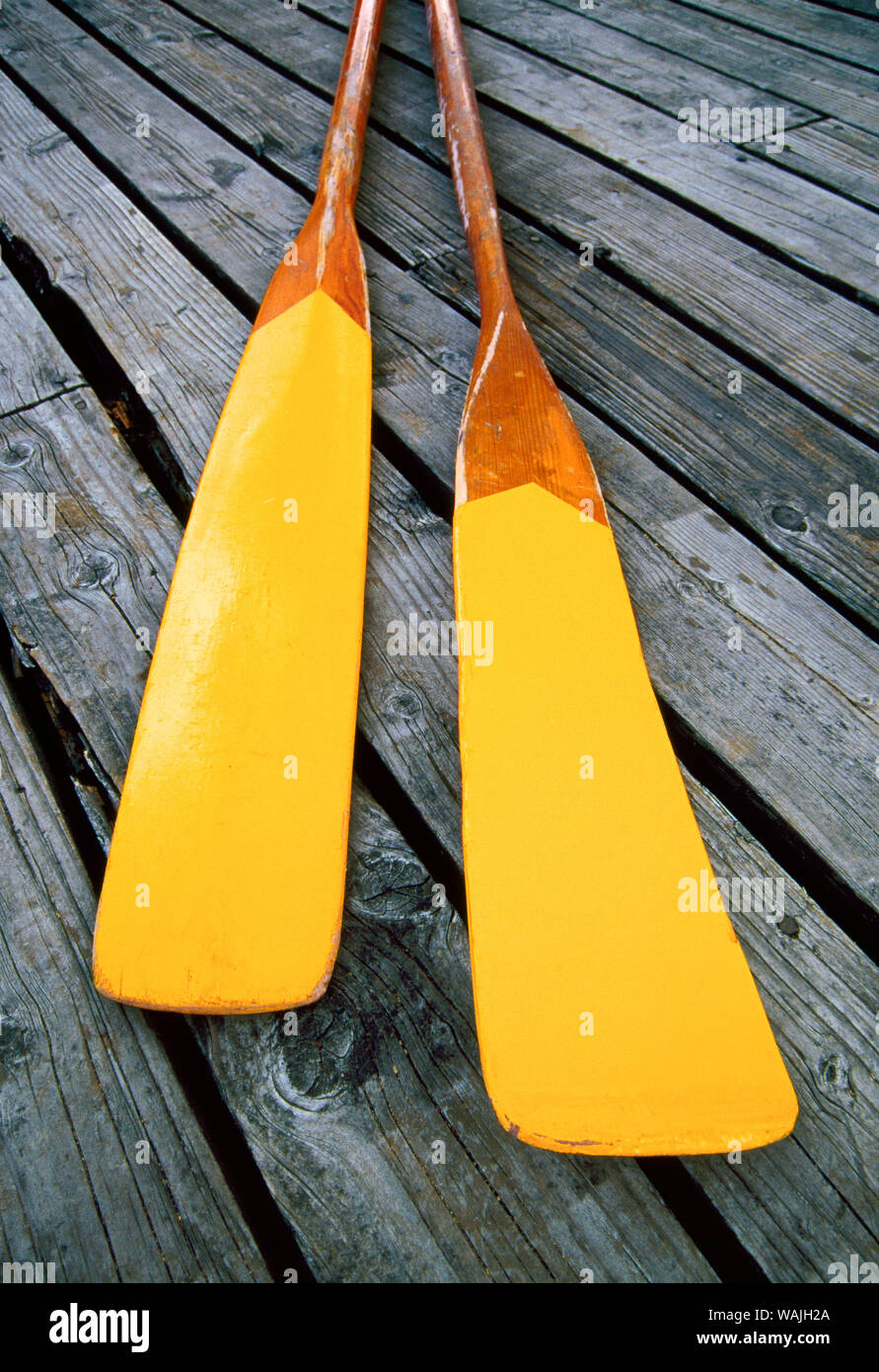 Yellow wooden oars on a weathered wooden dock. Stock Photo