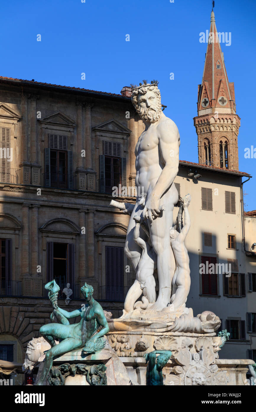 Italy, Florence. The Fountain of Neptune, on the Piazza della Signoria (Signoria Square), in front of the Palazzo Vecchio. Commissioned in 1565, artist sculptor Bartolomeo Ammannati. Stock Photo