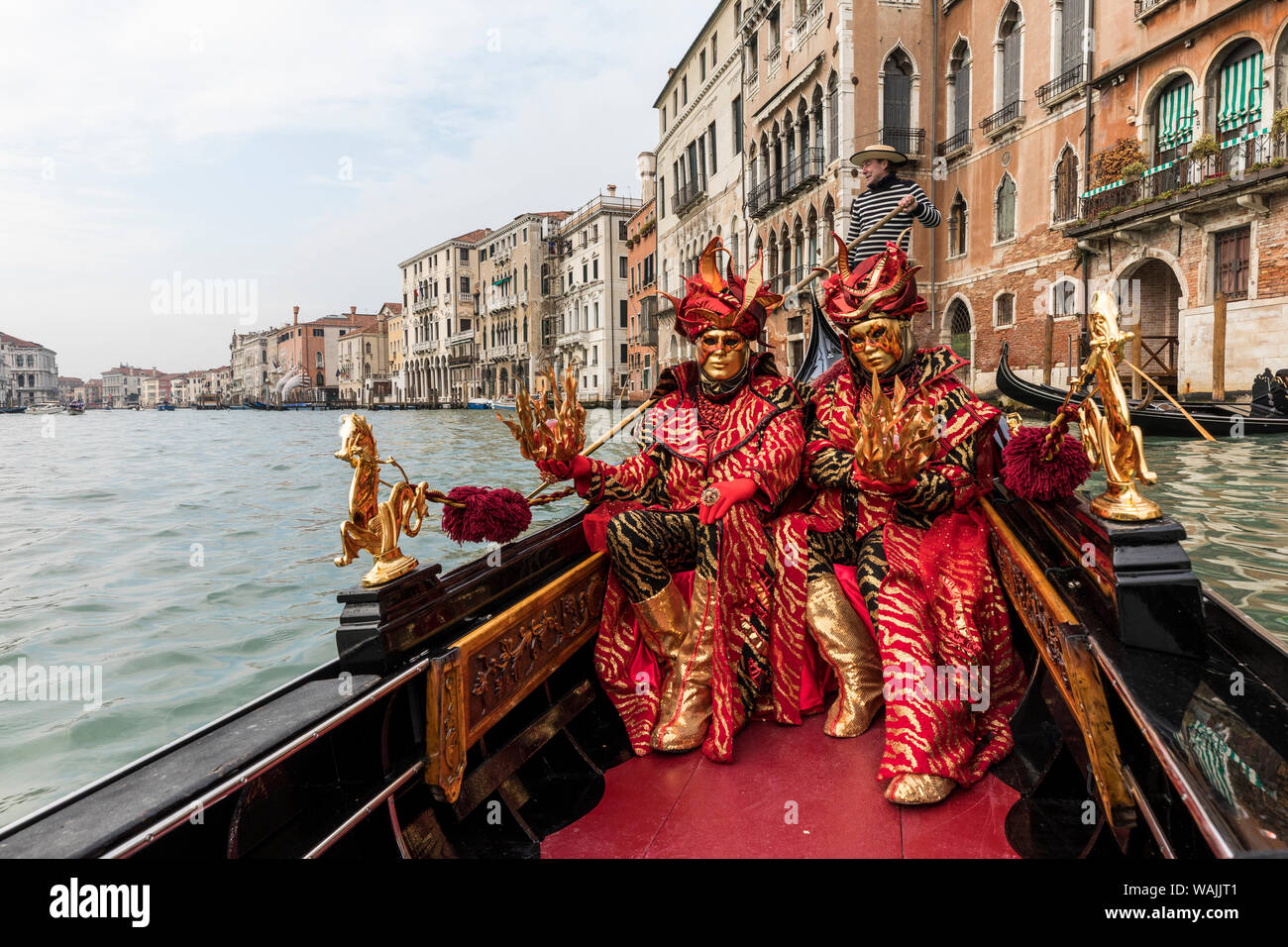 Italy, Venice. Gliding in a gondola on the Grand Canal at Carnevale (MR) Stock Photo
