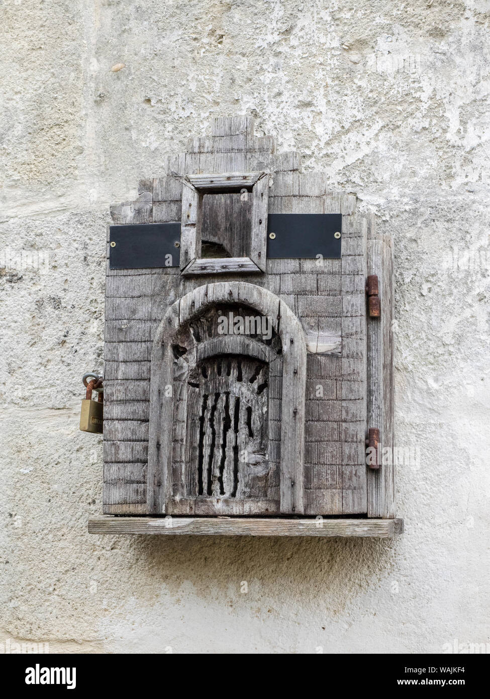 Italy, Basilicata, Matera. A locked adornment on the side of a sassi house. Stock Photo