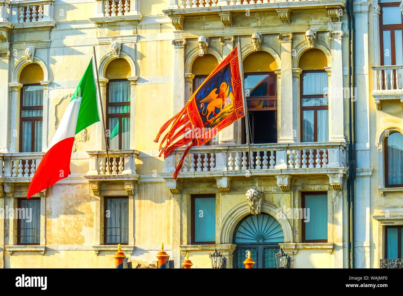 Italian Flag, St. Mark's lion symbol Venetian, Venice, Italy. Stock Photo