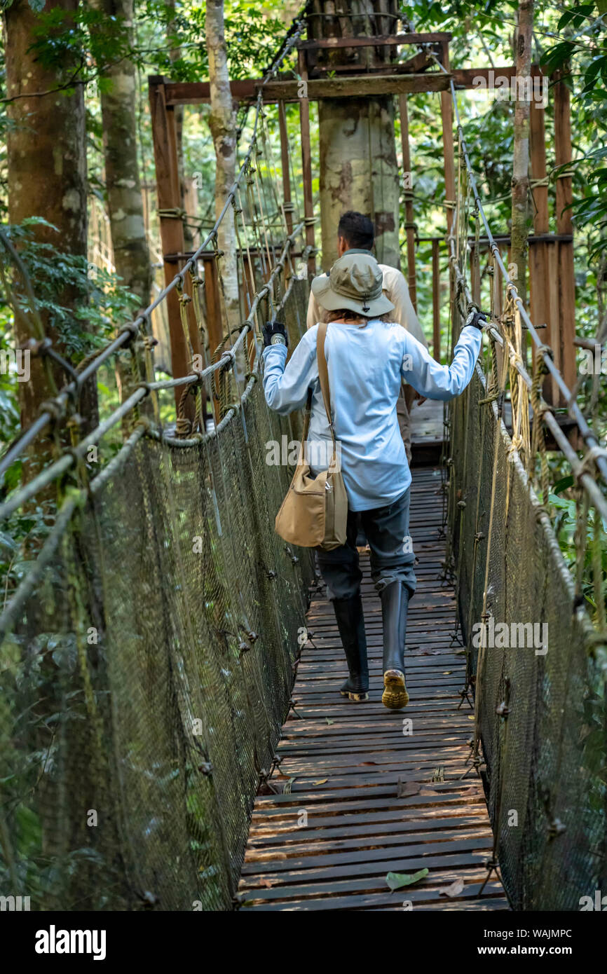 Amazon National Park, Peru. Tour guide and tourist walking on a wooden