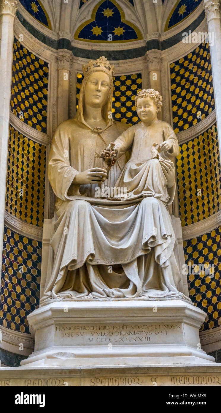 Virgin Mary and Baby Jesus, Madonna of the Rose statue, Orsanmichele Church, Florence, Italy. Statue by Tedesco 1399 Stock Photo