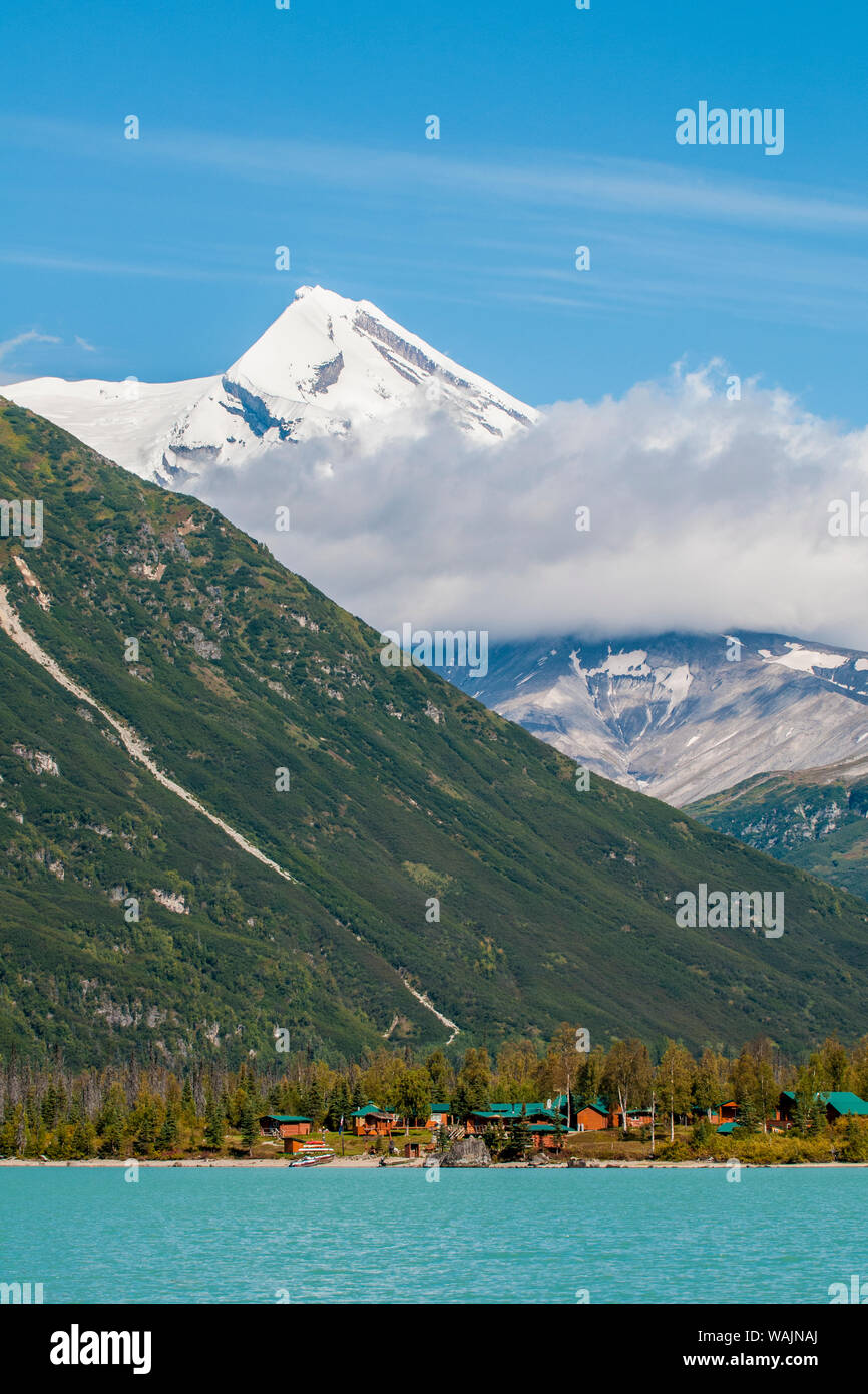 Redoubt Mountain Lodge on Crescent Lake with Mount Redoubt, Lake Clark National Park and Preserve, Alaska, USA. (Editorial Use Only) Stock Photo
