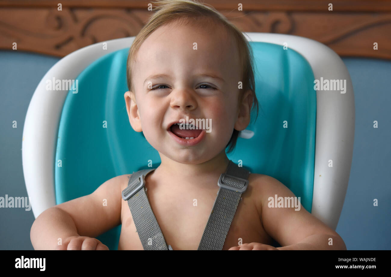 1 year old boy in highchair. (MR Stock Photo Alamy
