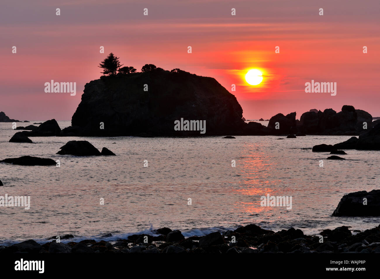 Sunset and sea stacks along Northern California coastline, Crescent City Stock Photo