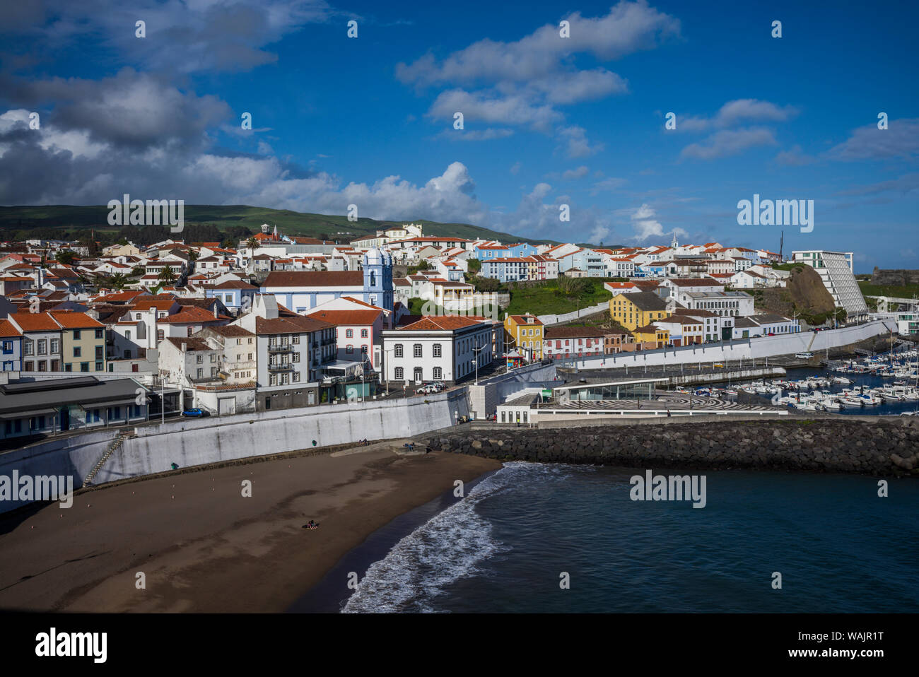 Portugal, Azores, Terceira Island, Angra do Heroismo. Igreja da Misericordia church and the marina Stock Photo