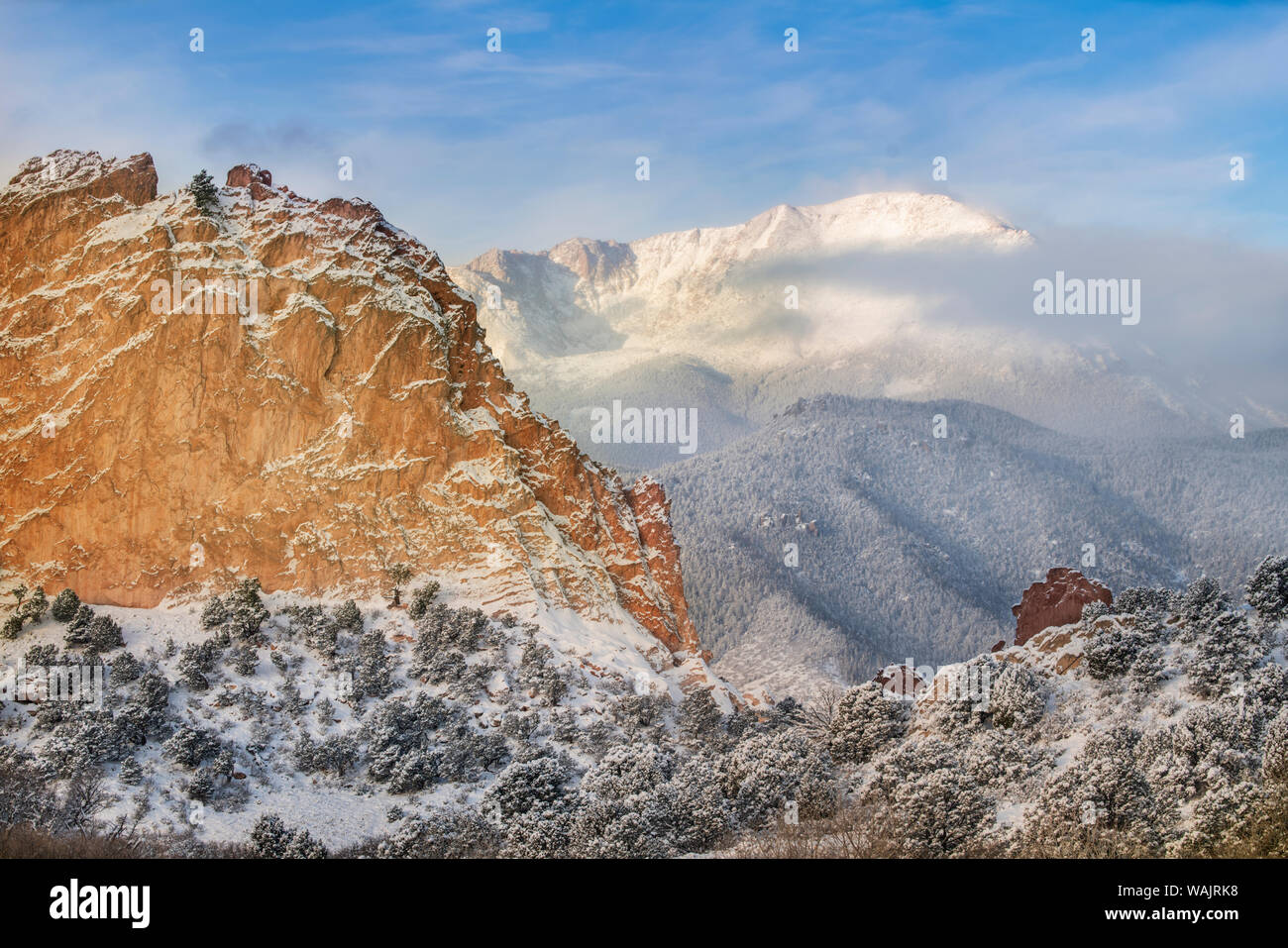 USA, Colorado, Garden of the Gods. Fresh snow on Pikes Peak