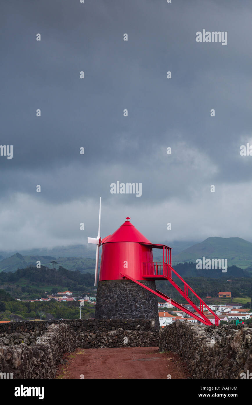 Portugal, Azores, Pico Island, Criacao Velha. Moinho do Frade, traditional windmill in volcanic vineyards Stock Photo