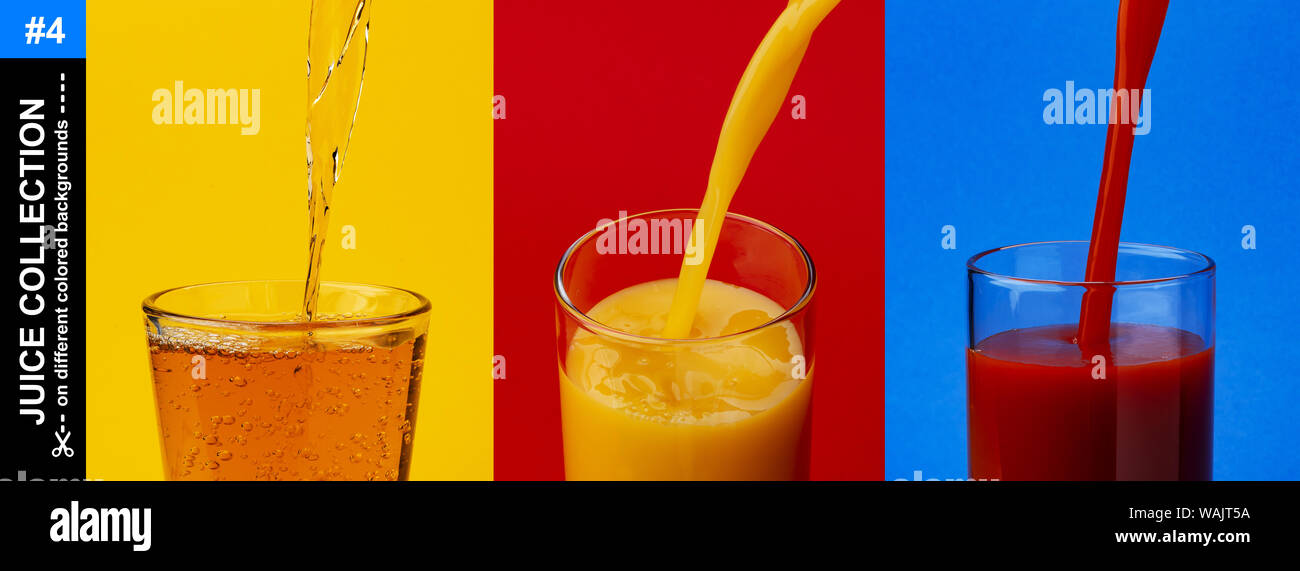 Juice pouring into glass, isolated on color background with copy space Stock Photo
