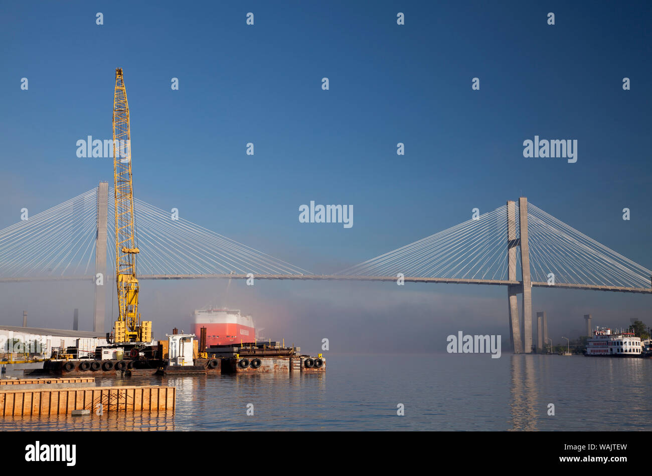 USA, Savannah, Construction along the Savannah River near cablestayed bridge Stock