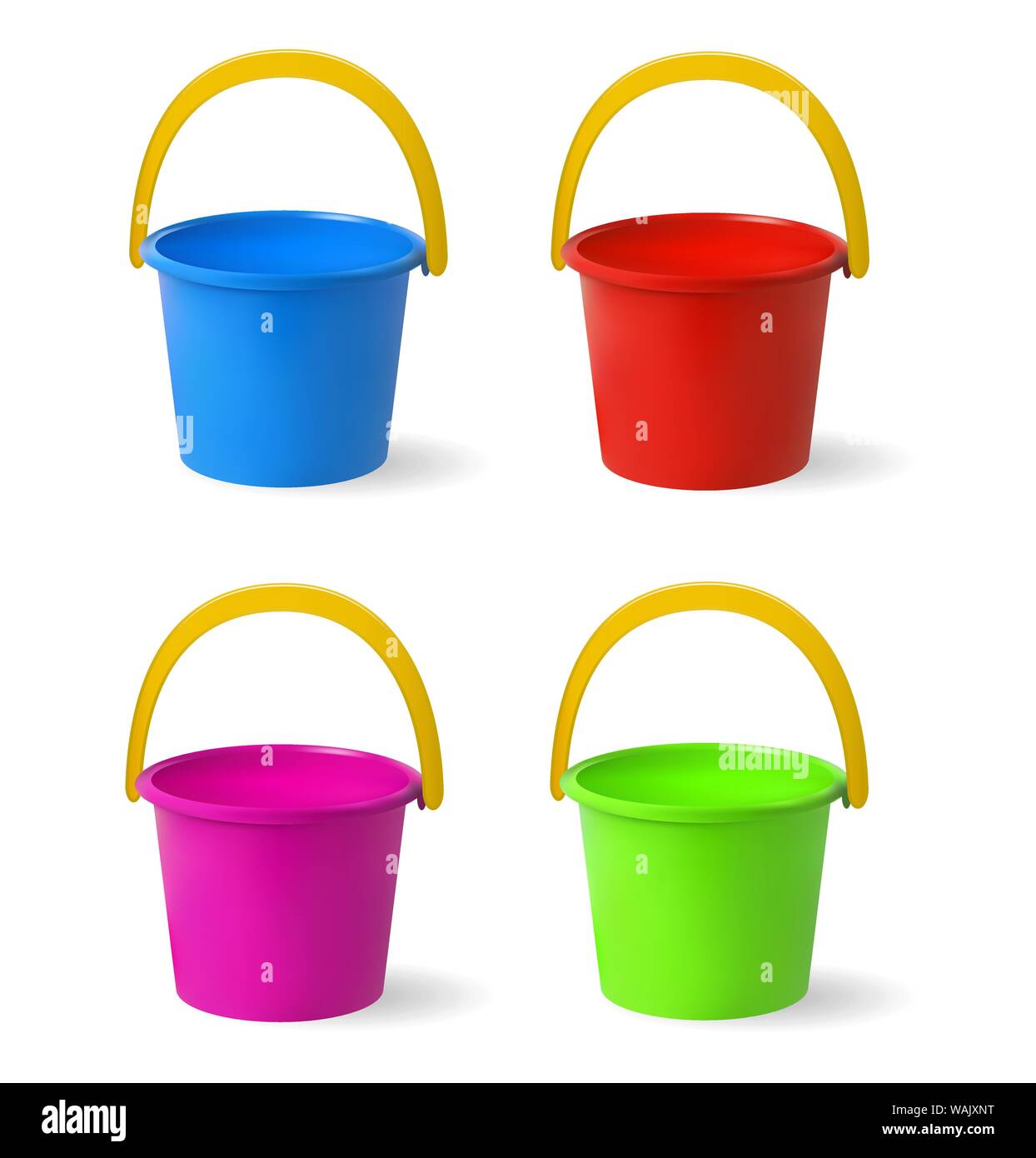 Colored baby buckets. A set of multicolored buckets for playing in sandbox. Isolated objects on