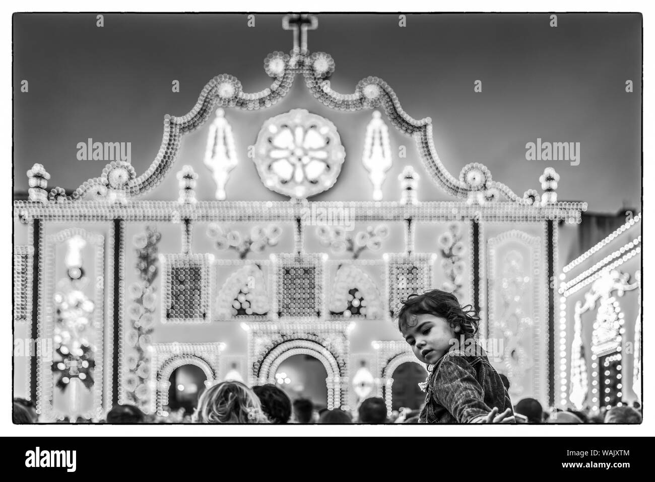 Portugal, Azores, Sao Miguel Island, Ponta Delgada. Festa Santo Christo dos Milagres festival, Igreja Nossa Senhora da Esperanca church lit for the festival Stock Photo