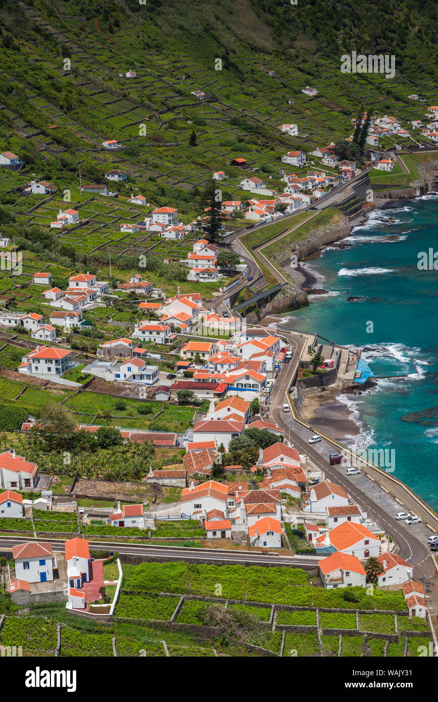 Portugal, Azores, Santa Maria Island, Sao Lourenco. Elevated town view with the Baia do Sao Lourenco bay Stock Photo