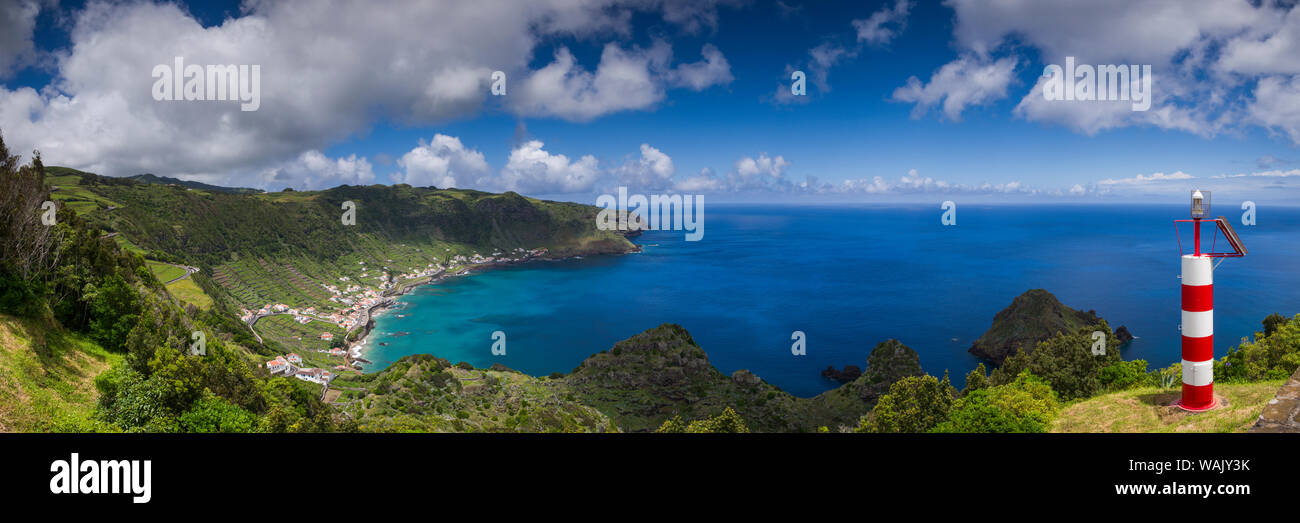 Portugal, Azores, Santa Maria Island, Sao Lourenco. Elevated town view with the Baia do Sao Lourenco bay Stock Photo