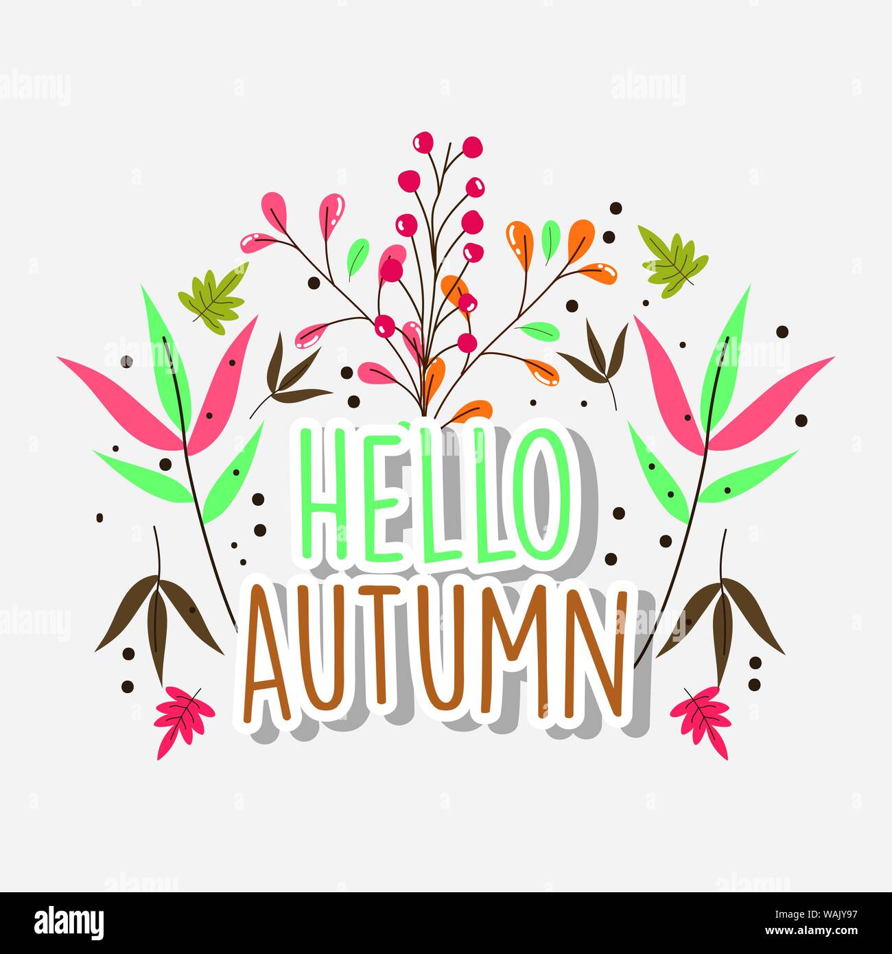 hello autumn season lettering branches leaves flat desing vector ...