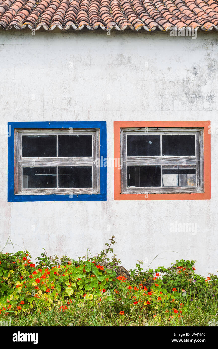 Portugal, Azores, Santa Maria Island, Anjos. Windows of the old factory Stock Photo