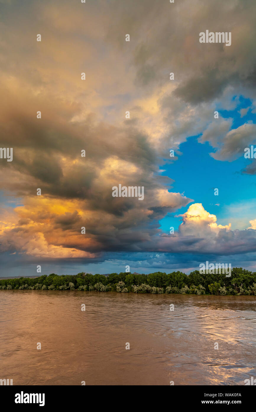 Stormy clouds at sunset over the Yellowstone River in Miles City, Montana, USA Stock Photo