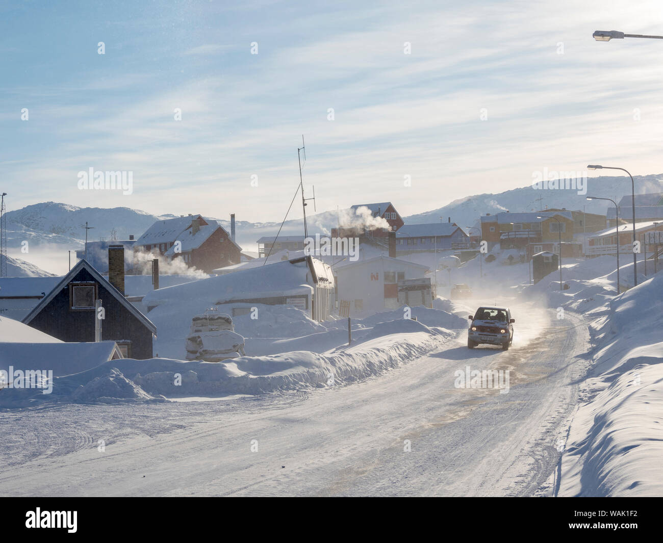 Streets of Ilulissat at the shore of Disko Bay. Greenland. (Editorial Use Only) Stock Photo