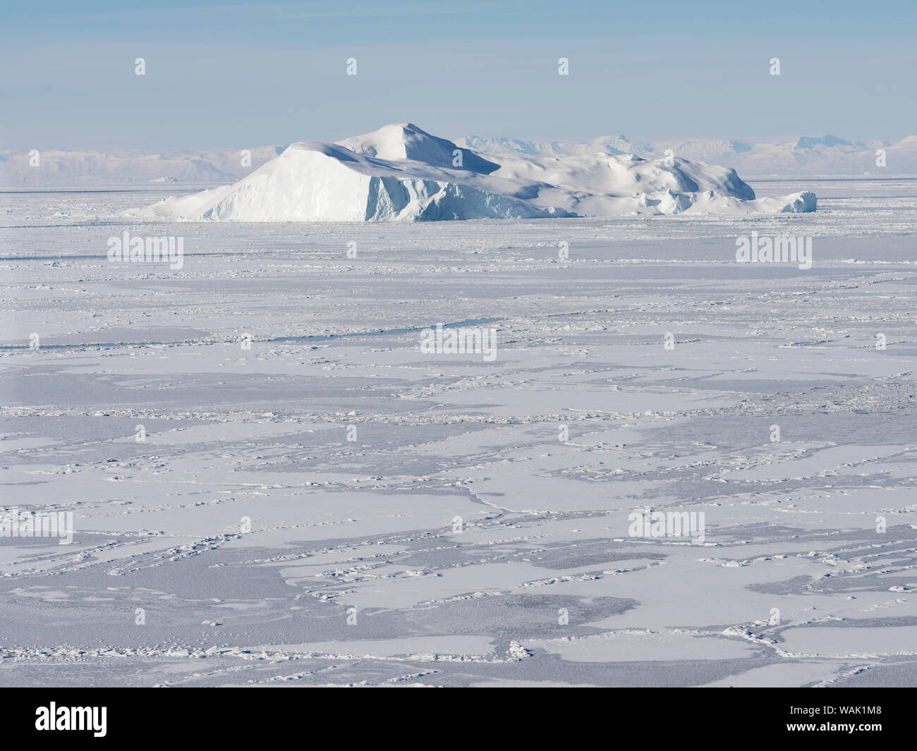 Frozen Disko Bay with icebergs at the Ilulissat Icefjord, listed as UNESCO World Heritage Site. Greenland. Stock Photo