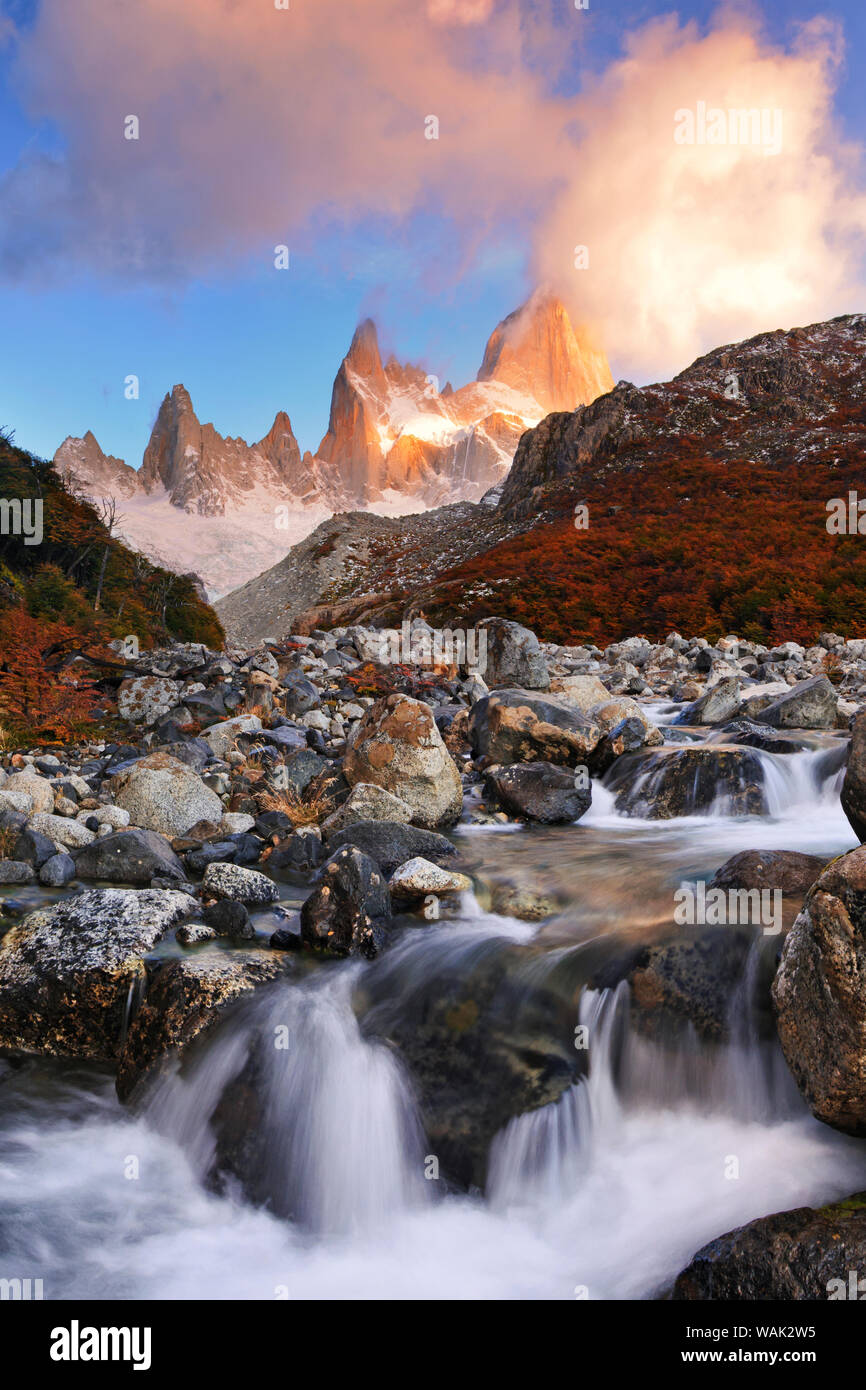 Argentina, Patagonia, Los Glaciares National Park. Mount Fitz Roy and Rio Blanco river at sunrise. Credit as: Dennis Kirkland / Jaynes Gallery / DanitaDelimont.com Stock Photo