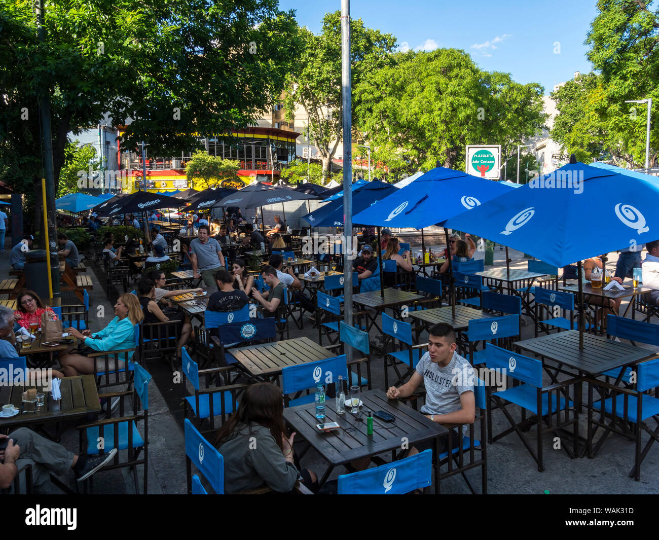 Restaurant and bars. Plazoleta Julio Cortazar, also called Plaza Serrano, Palermo, Buenos Aires, Argentina. (Editorial Use Only) Stock Photo