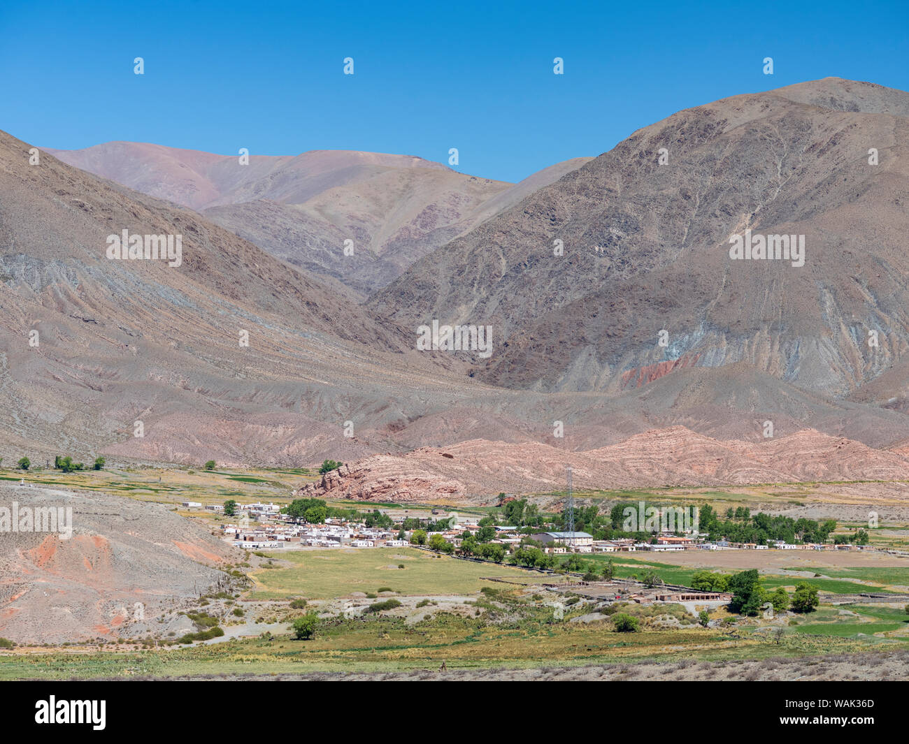 Village La Poma, last settlement in the valley of Calchaqui. The Altiplano in Argentina, landscape along RN 40 near mountain pass Abra del Acay (4895m). South America, Argentina Stock Photo