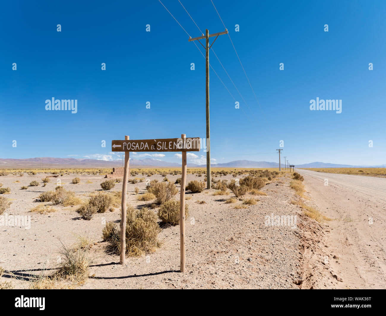 Posada del Silencio, sign near a track at the Salinas Grandes in the Altiplano of Argentina, South America. (Editorial Use Only) Stock Photo