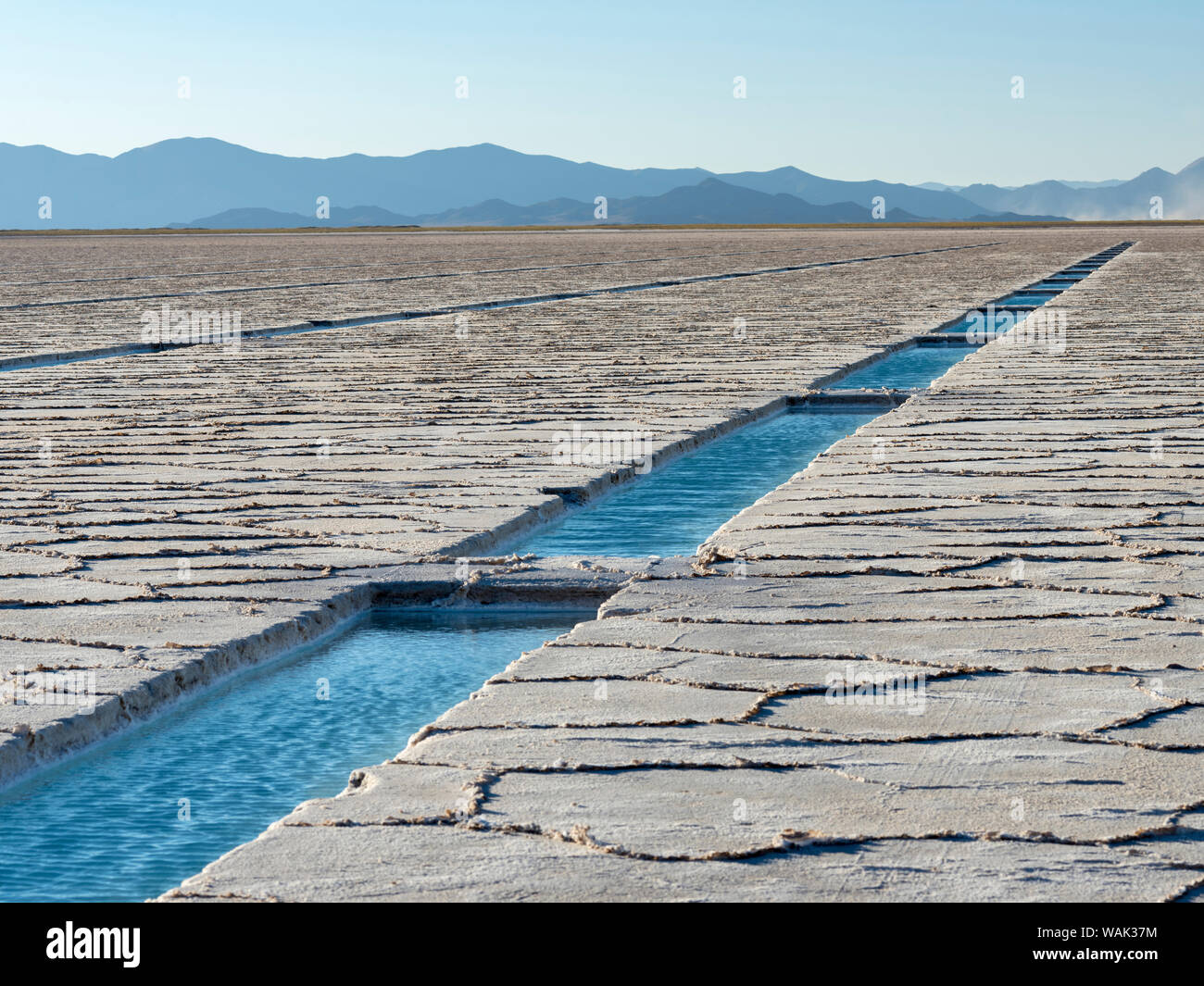 Salt processing area open to visitors Landscape on the salt flats Salar Salinas Grandes in the Altiplano, Argentina. (Editorial Use Only) Stock Photo