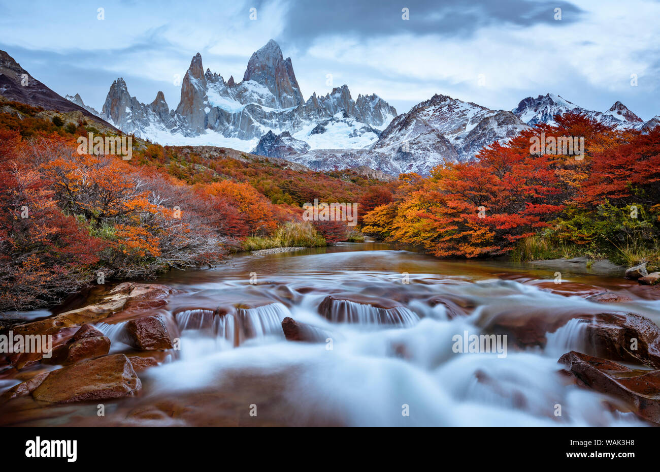 Argentina, Los Glaciares National Park. Mt. Fitz Roy and Lenga beech trees in fall. Stock Photo