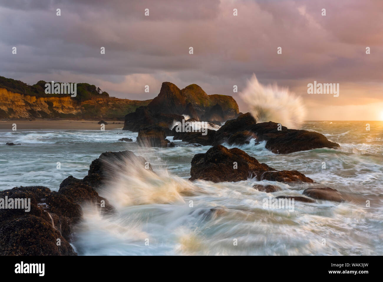 Large waves crashing against the sea stacks along the beach of Seal Rock. Stock Photo