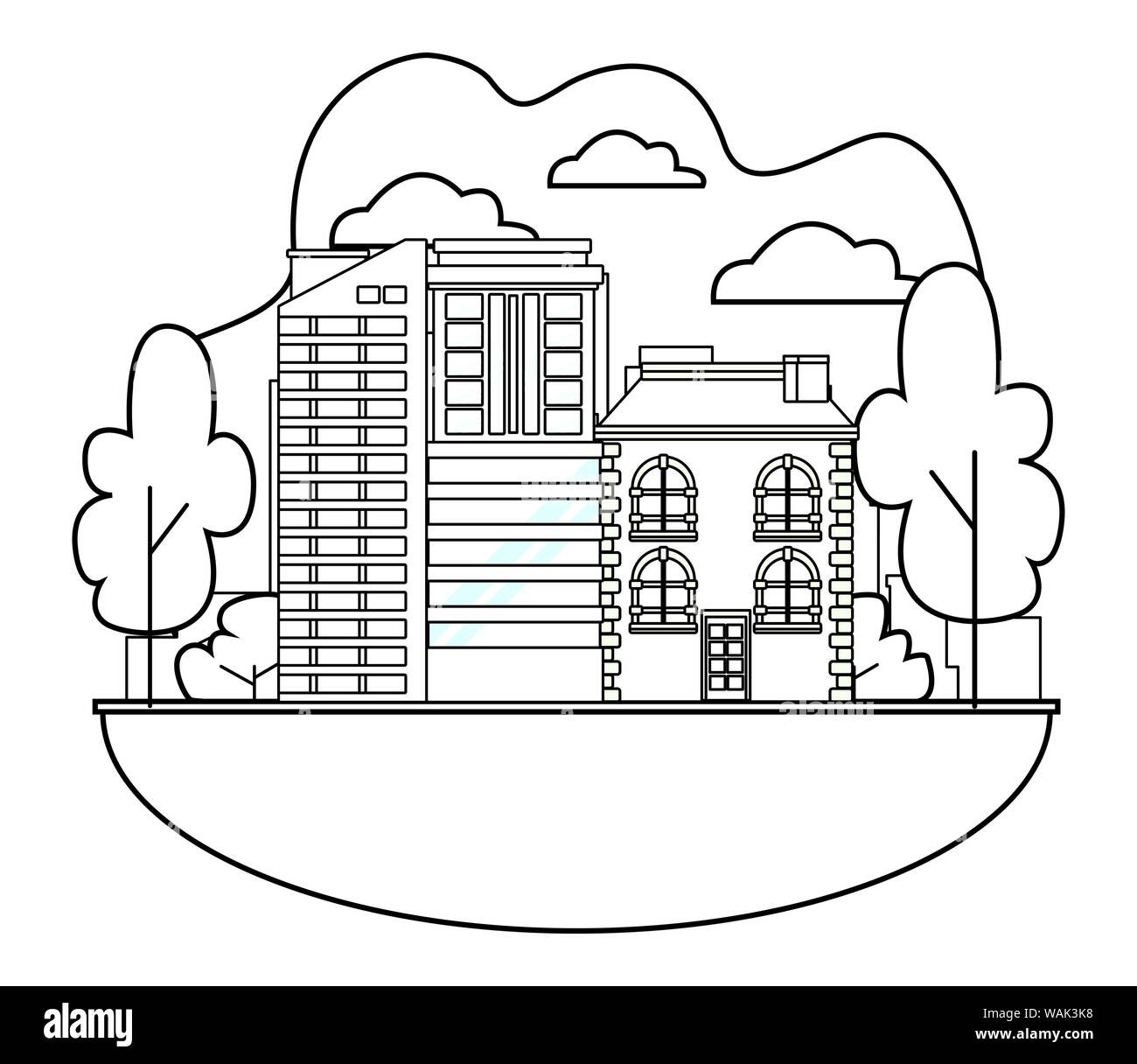 Urban buildings and city architecture in black and white Stock Vector