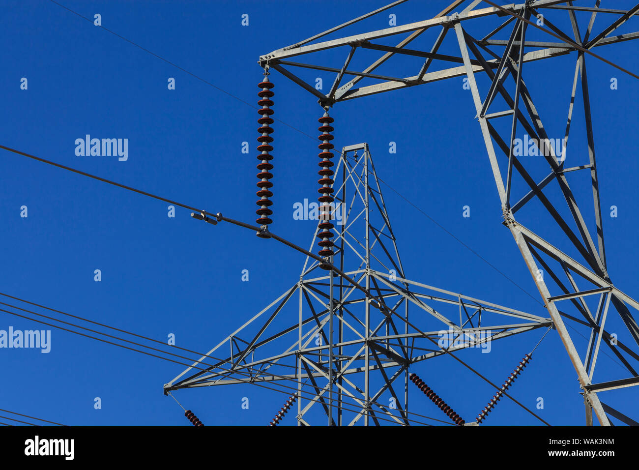 Power lines on pylons near town of Maupin, Deschutes River, Central